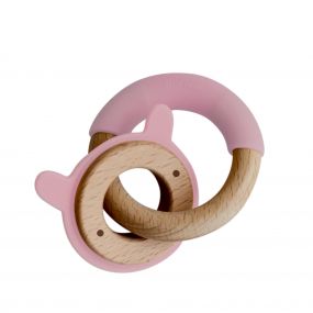 Little Rawr Wood And Silicone Disc & Ring Teether | Rabbit | Pink