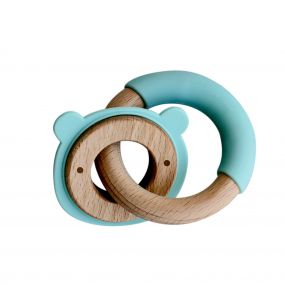Little Rawr Wood And Silicone Disc & Ring Teether | Bear | Blue