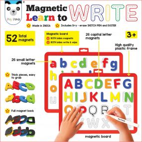 Magnetic Learn to Write Capital & Small Letters - Includes Write & Wipe Magnetic Board (Both Sides Magnetic), 26 Capital Letter & 26 Small Letter Magnets, Dry Erase Sketch Pen and Duster