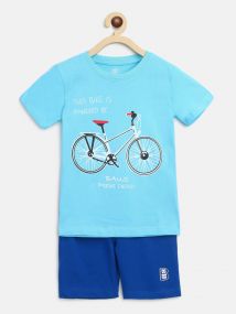 Baus Boys Cotton Cycle Print Clothing Set for 7 - 8 Years Blue