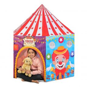 Webby Circus Playhouse Tent for Children with Hanging LED Light, Peep Holes, Ticket Pocket and Joker Face Mask for Kids 3+ Years