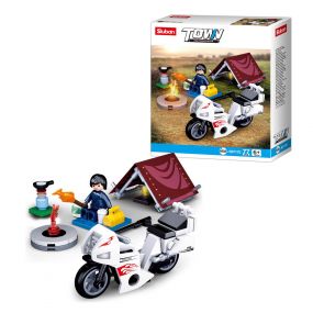 Sluban White Town Motorcycle Building Blocks Set with Tent, Camp Fire & Cooking Accessories