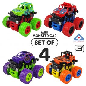 NHR 4WD 360 Degree Mini Monster Trucks Friction Powered Cars for Kids Big Rubber Tires Baby Boys Super Cars Blaze Truck for Kids Gifts Toys, 2+ Years (Set of 4, Multicolor)