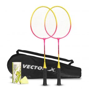 Vector X VXB-580 Aluminum Badminton Racket Pack of 3 Pieces Nylon Shuttles with Full-Cover Set (Pink)