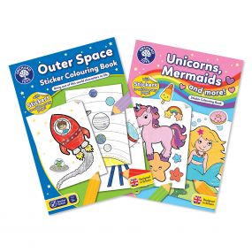 Orchard Toys Set of 2: Unicorn, Mermaids and More and Outer Space Sticker Colouring Books for Kids 3+ Years