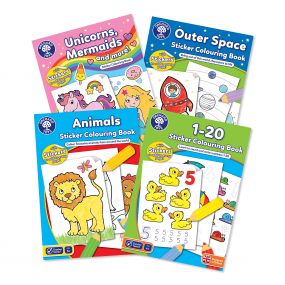 Orchard Toys Set of 4: Unicorn, Mermaids and More, Outer Space, Animals and 1-20 Sticker Colouring Books for Kids 3+ Years