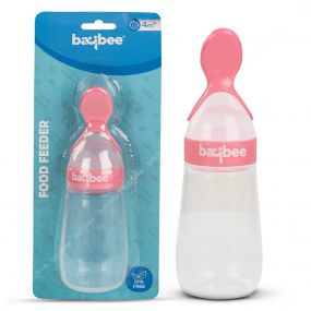 Baybee Squeezy Silicone Food Feeder Bottle with Spoon, BPA Free, Baby Feeder Fruit, Rice Cereals Puree Feeding Bottle 90 ML - Pink