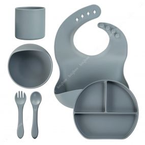 Baybee Tableware Silicone Suction Plate for Kids with 6pcs Baby Feeding Dinner Set, Bowl, Bib, Water Cup, First Stage Spoon & Fork - Grey