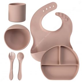 Baybee Tableware Silicone Suction Plate for Kids with 6pcs Baby Feeding Dinner Set, Bowl, Bib, Water Cup, First Stage Spoon & Fork - Pink