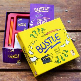 BUSTLE Game - Fun,Thinking, Acting and Drawing Card Game for Adults and Kids above 14+ years, Perfect for House party games with family and friends. Think, Act, Draw with 400Bustle cards and 60 'Crank It Up a Notch' Cards