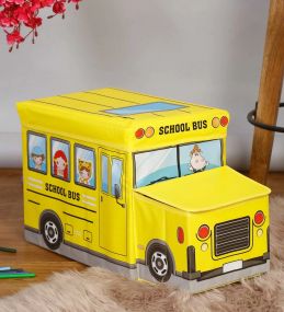 MUREN Kids School Bus Shape Storage Box with Lid Cum Sitting Stool Cum Playing Toy Collapsible Foldable, Hard Cardboard Material-Yellow