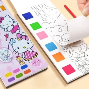 MUREN Cartoon Patterns Mini Water Coloring Book Watercolor Painting 10 Pages for Kids, Bookmark, Travel Pocket Combo of 3 Books With 3 Brush-Multicolor