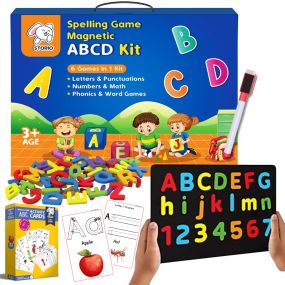 Storio Magnetic ABCD Alphabets and Numbers, 150+ Letter Magnets Words With Interactive Flashcards and Marker For Doodle Fun, Multiuse Board | 5 Color Soft Foam Learning Educational Toys for Kids 3 4 5 Years