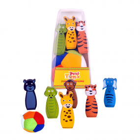 Desi Toys Bowling Game for Kids | Jungle Animal Themed | Multicolor | Wooden 6 Pins & 1 Soft Ball | Fun Indoor Game