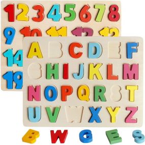 Toyshine Wooden ABC 123 Chunky Letters and Numbers Puzzle Toy, Educational and Learning Toy, Multicolour