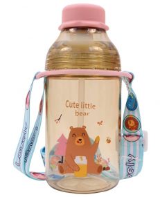 Toyshine No Lift Kids Tritan Water Bottle With Straw - Spill Proof Cap Closure, BPA Free Water Bottle for Kids School - Featuring Adjustable Strap Galace - Children's Drinkware - 400 ML - Beige