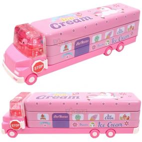 Toyshine Unicorn Aqua-Splash Magic Bus Printed School Bus Matal Pencil Box with Moving Tyres and Sharpner for Kids - Pink