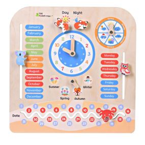 The Funny Mind Birch Wooden Activity Teaching Clock and Calendar for Kids 7 in 1 Learning Toy for Dates, Days, Months, Weather, and Time Recognition with Cute Animal Shaped and Moveable Hands Clock
