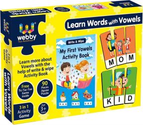 Webby Learn Words with Vowels Jigsaw Puzzle with Activity Book, 90 Pcs for Kids 2+ Years