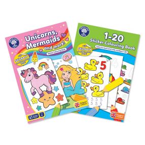 Orchard Toys Set of 2: Unicorn, Mermaids and More and 1-20 Sticker Colouring Books for Kids 3+ Years