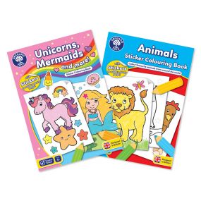 Orchard Toys Set of 2: Unicorn, Mermaids and More and Animals Sticker Colouring Books for Kids 3+ Years