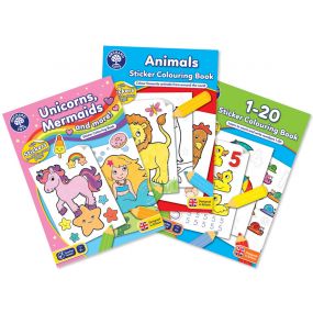 Orchard Toys Set of 3: Unicorn, Mermaids and More, Animals and 1-20 Sticker Colouring Books for Kids 3+ Years