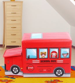 MUREN Kids School Bus Shape Storage Box with Lid Cum Sitting Stool Cum Playing Toy Collapsible Foldable, Hard Cardboard Material-Red